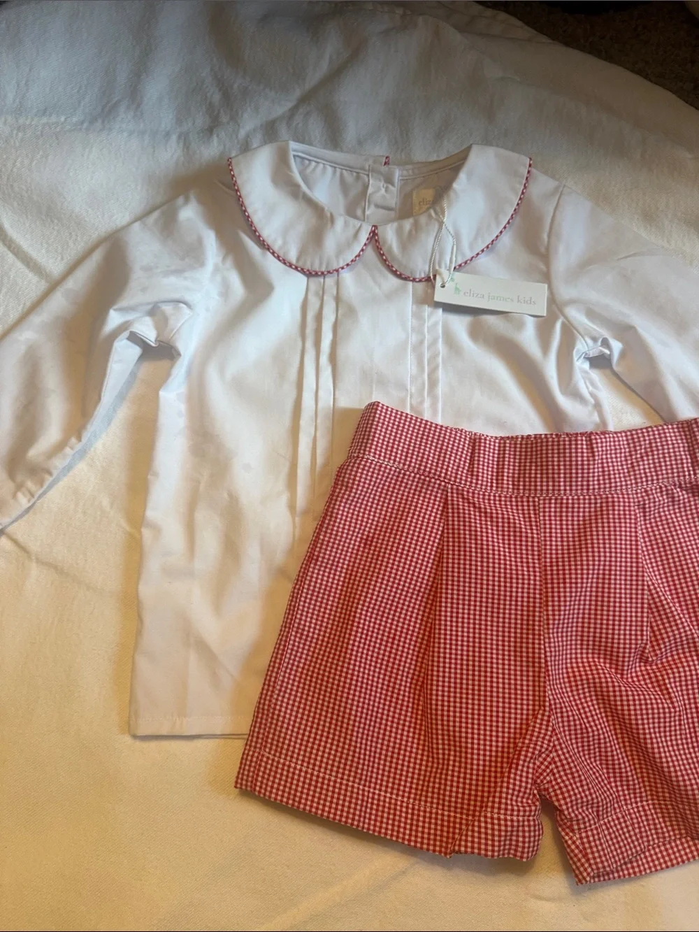 Eliza James White Top with Red Trim & Red Gingham Shorts Set, Sz 3T